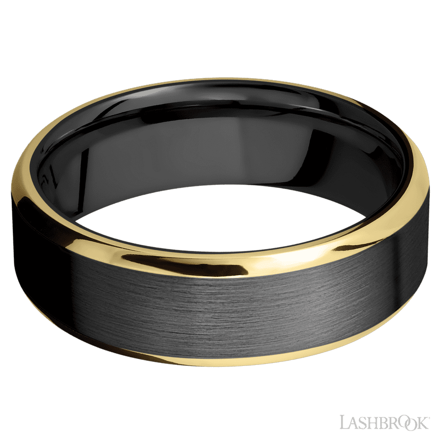7 mm wide/Beveled/Zirconium band with two 1 mm Edge inlays of 14K Yellow Gold.