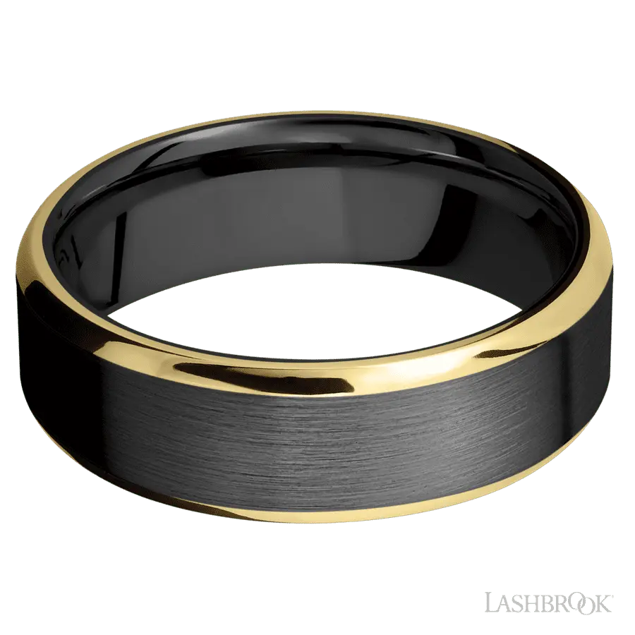 7 mm wide/Beveled/Zirconium band with two 1 mm Edge inlays of 14K Yellow Gold.