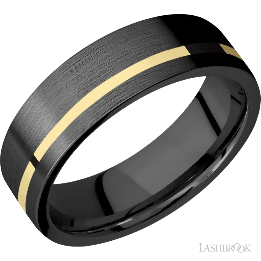 7 mm wide/Flat/Zirconium band with one 1 mm Off Center inlay of 14K Yellow Gold.