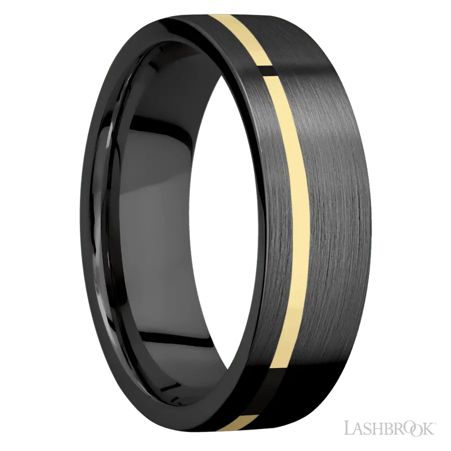 7 mm wide/Flat/Zirconium band with one 1 mm Off Center inlay of 14K Yellow Gold.