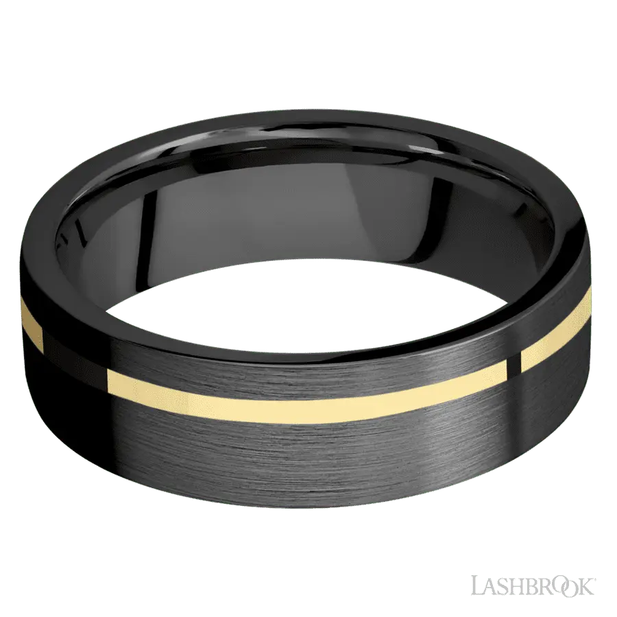 7 mm wide/Flat/Zirconium band with one 1 mm Off Center inlay of 14K Yellow Gold.