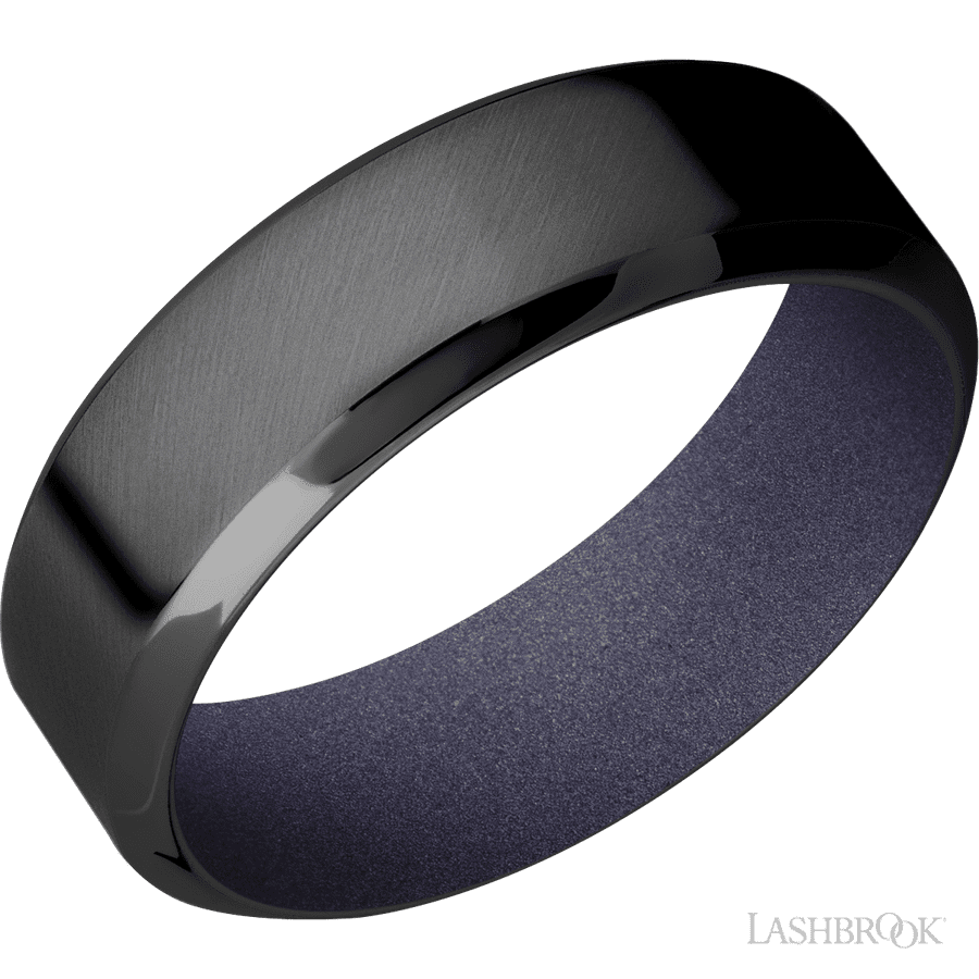 7 mm wide High Bevel Zirconium band featuring a Crushed Orchid sleeve.