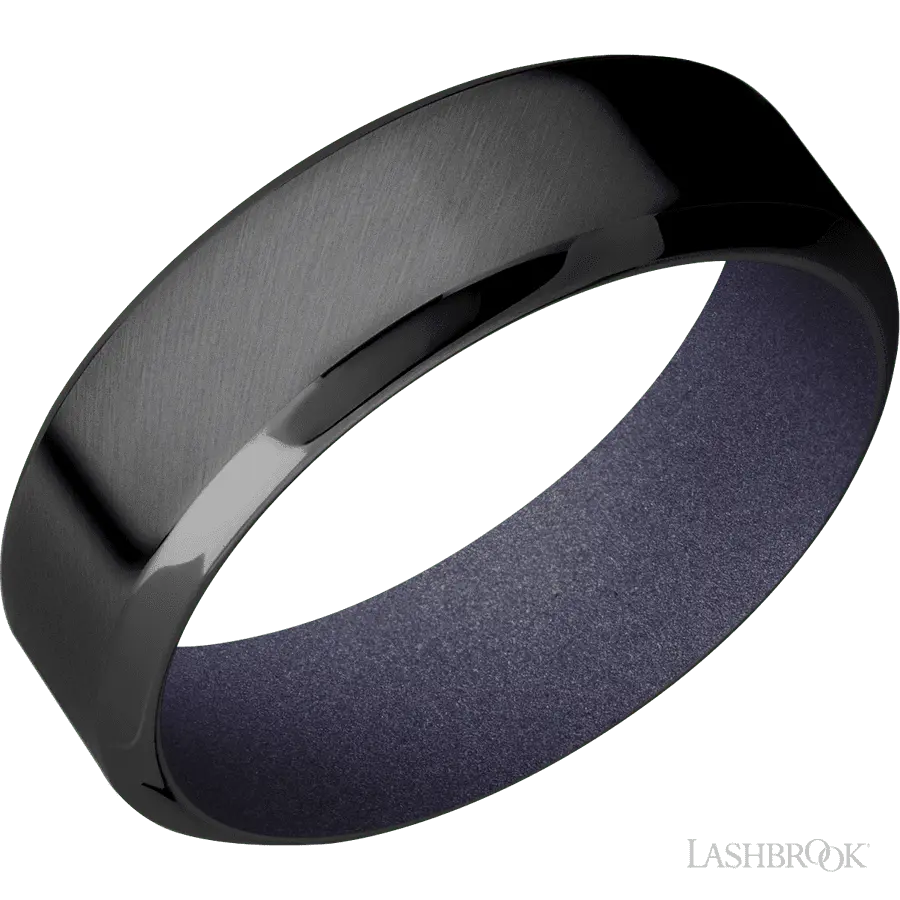 7 mm wide High Bevel Zirconium band featuring a Crushed Orchid sleeve.