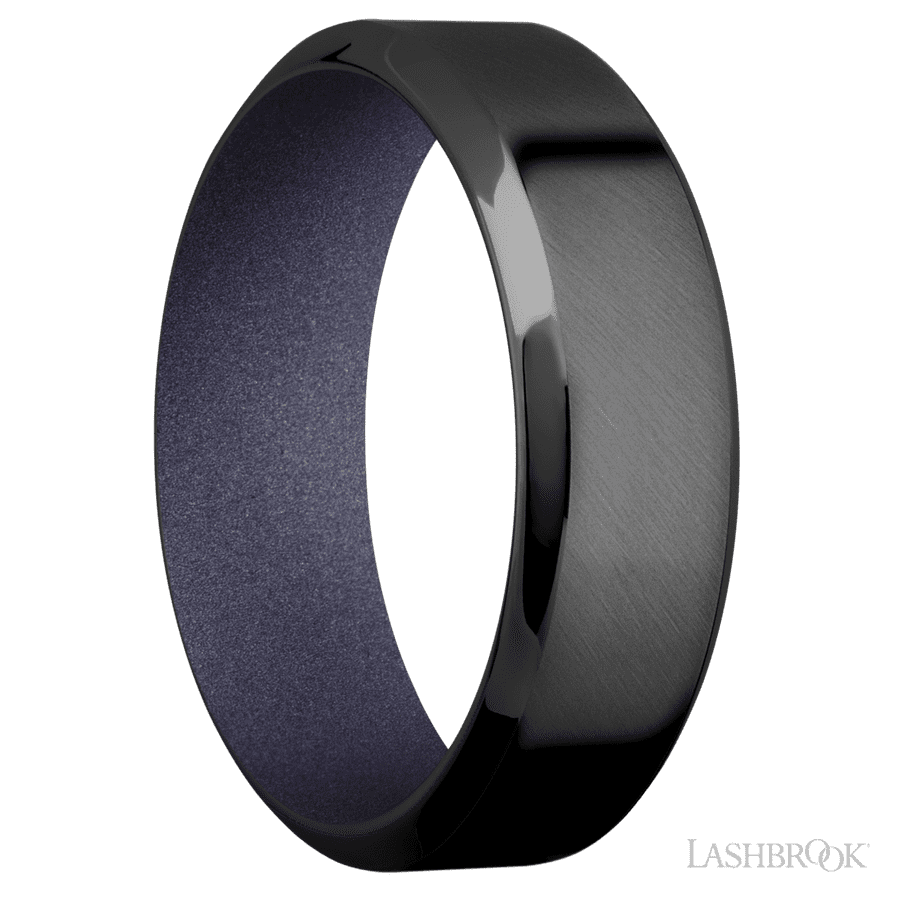 7 mm wide High Bevel Zirconium band featuring a Crushed Orchid sleeve.