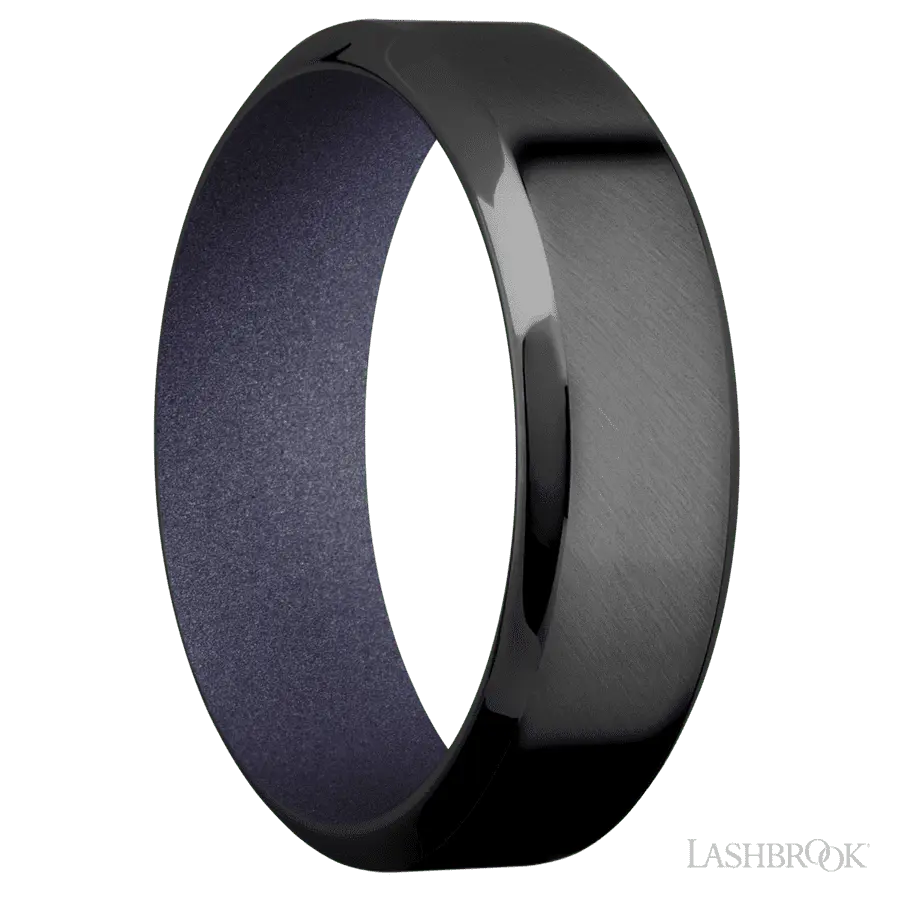 7 mm wide High Bevel Zirconium band featuring a Crushed Orchid sleeve.