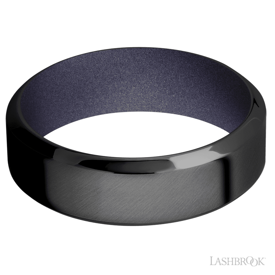 7 mm wide High Bevel Zirconium band featuring a Crushed Orchid sleeve.