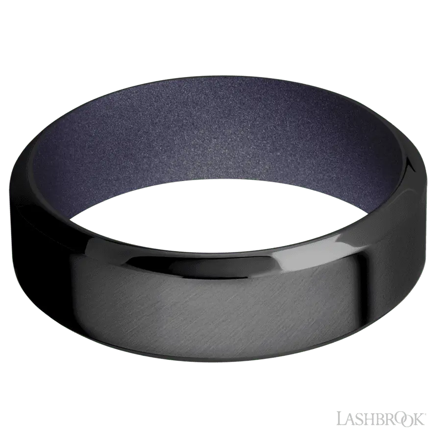 7 mm wide High Bevel Zirconium band featuring a Crushed Orchid sleeve.