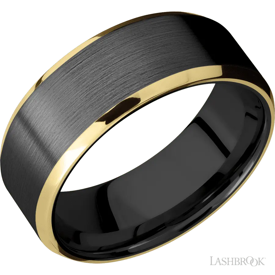 8 mm wide/Beveled/Zirconium band with two 1 mm Edge inlays of 14K Yellow Gold.