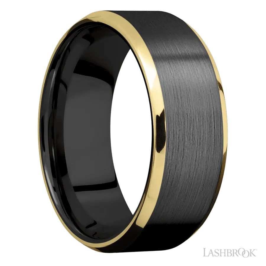 8 mm wide/Beveled/Zirconium band with two 1 mm Edge inlays of 14K Yellow Gold.
