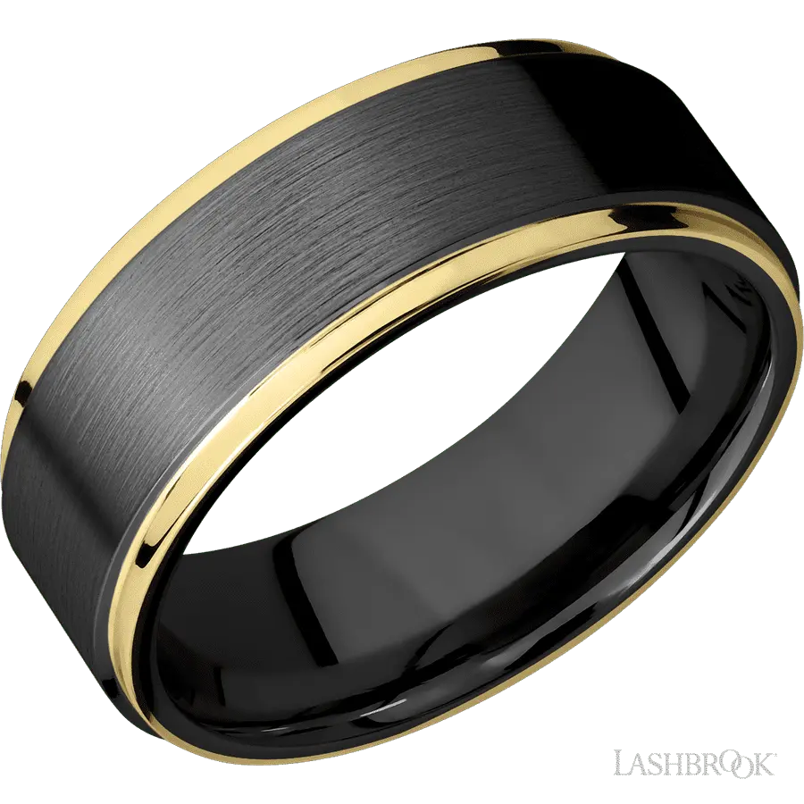8 mm wide/Flat Grooved Edges/Zirconium band with two 1 mm Edge inlays of 14K Yellow Gold.