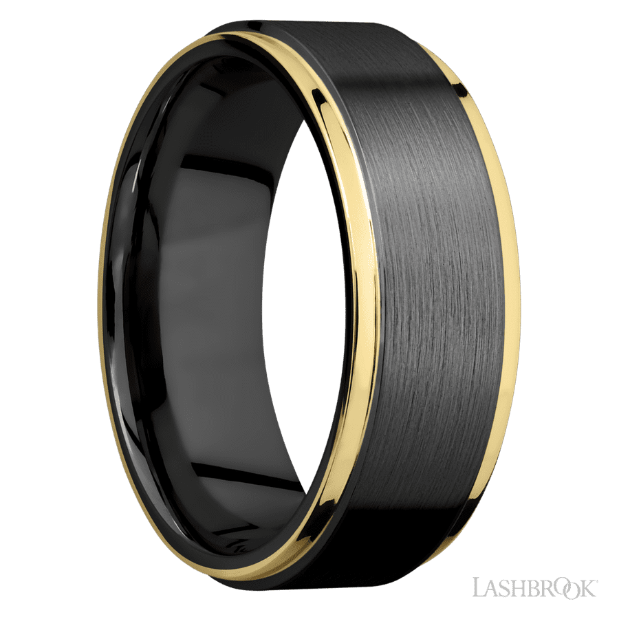8 mm wide/Flat Grooved Edges/Zirconium band with two 1 mm Edge inlays of 14K Yellow Gold.