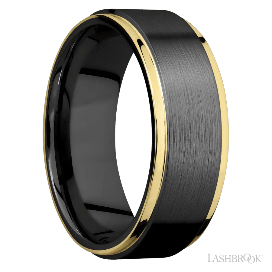 8 mm wide/Flat Grooved Edges/Zirconium band with two 1 mm Edge inlays of 14K Yellow Gold.
