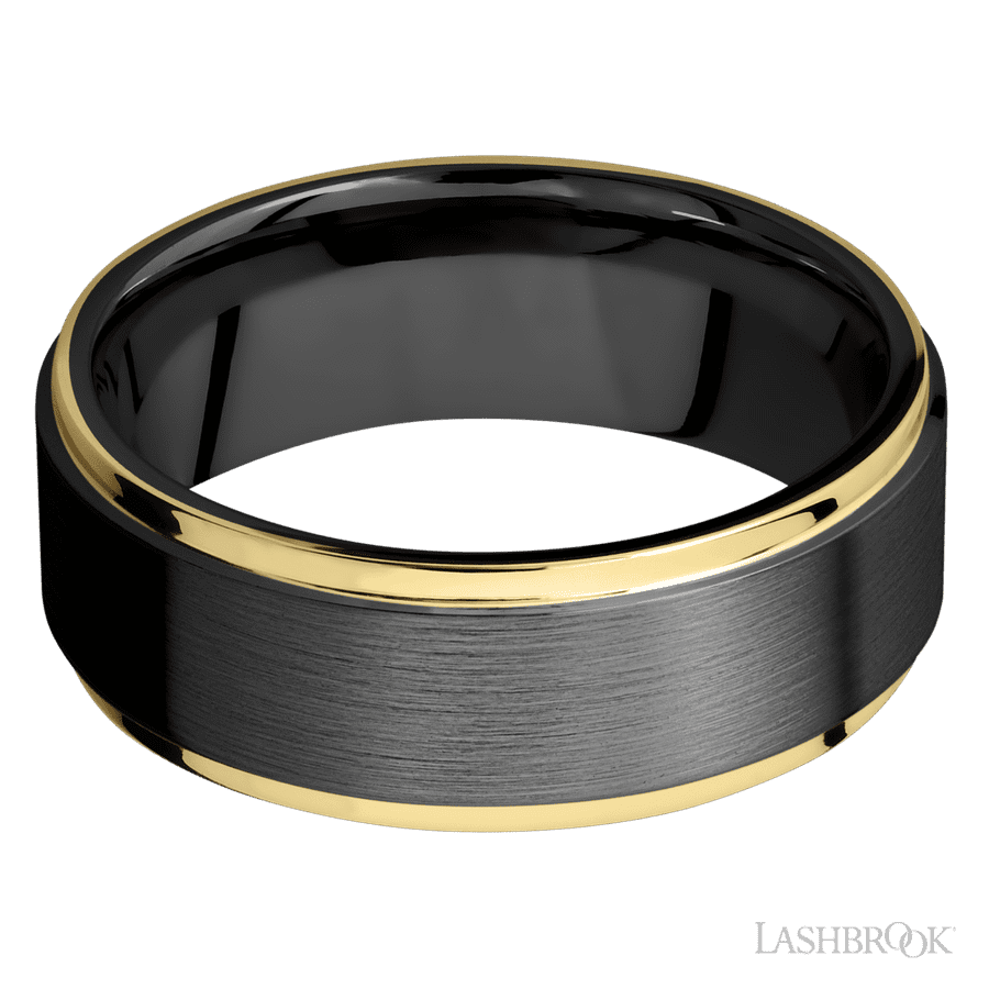 8 mm wide/Flat Grooved Edges/Zirconium band with two 1 mm Edge inlays of 14K Yellow Gold.