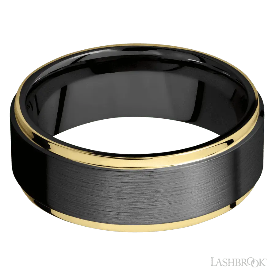 8 mm wide/Flat Grooved Edges/Zirconium band with two 1 mm Edge inlays of 14K Yellow Gold.