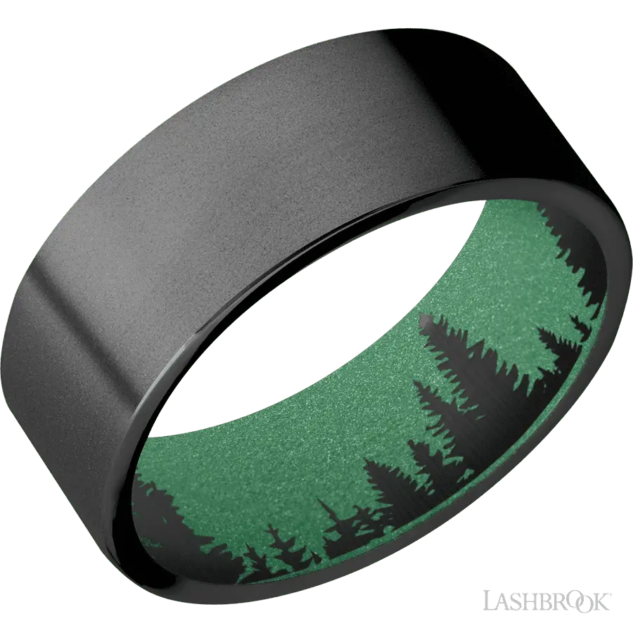 8 mm wide Flat Zirconium band featuring a Squatch sleeve.