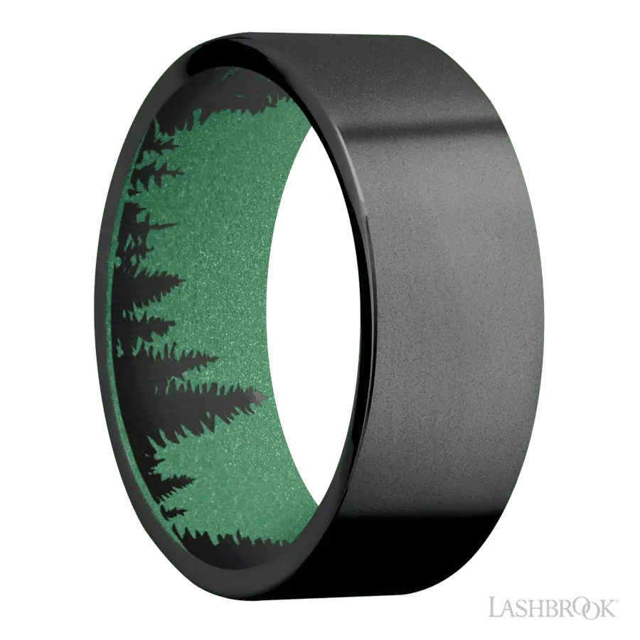 8 mm wide Flat Zirconium band featuring a Squatch sleeve.
