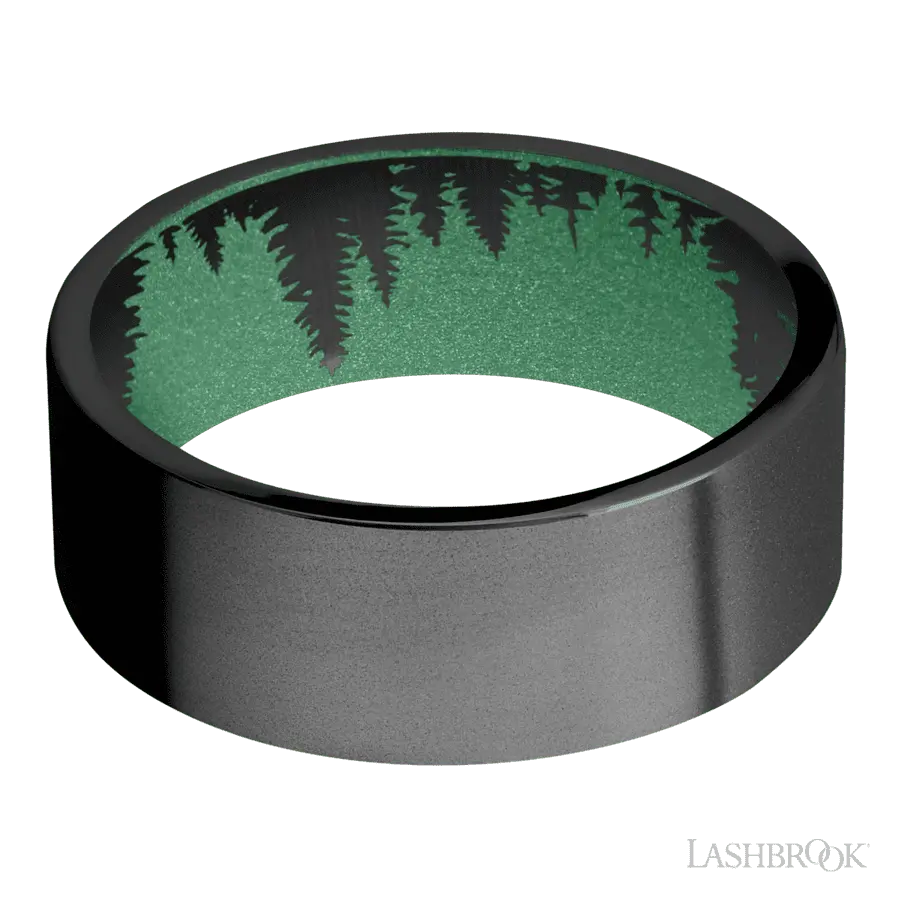 8 mm wide Flat Zirconium band featuring a Squatch sleeve.
