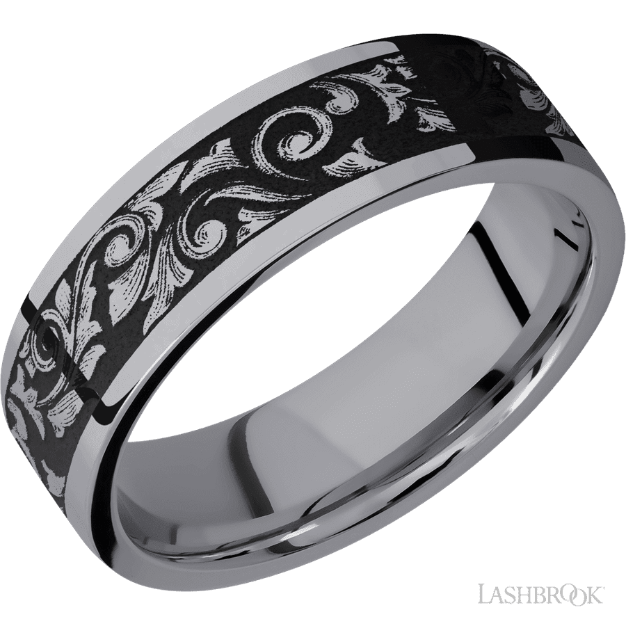 7 mm wide/Flat/Tantalum band with a laser carved Western Scroll pattern.