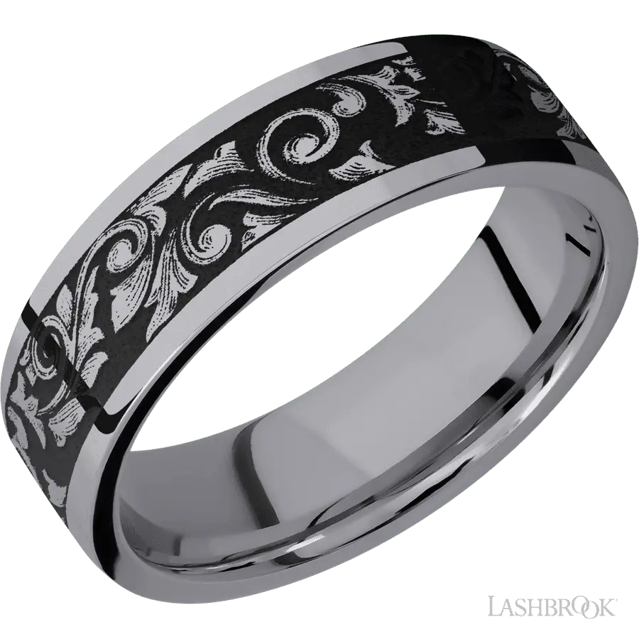 7 mm wide/Flat/Tantalum band with a laser carved Western Scroll pattern.