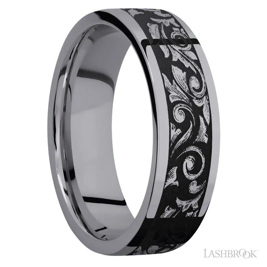 7 mm wide/Flat/Tantalum band with a laser carved Western Scroll pattern.