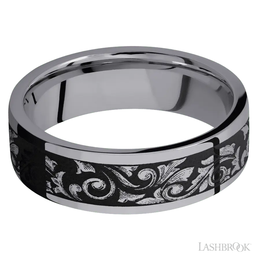 7 mm wide/Flat/Tantalum band with a laser carved Western Scroll pattern.
