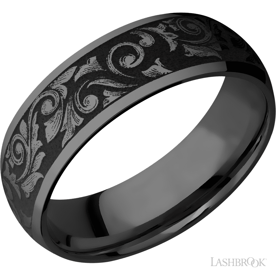 7 mm wide/Domed/Zirconium band with a laser carved Western Scroll pattern.