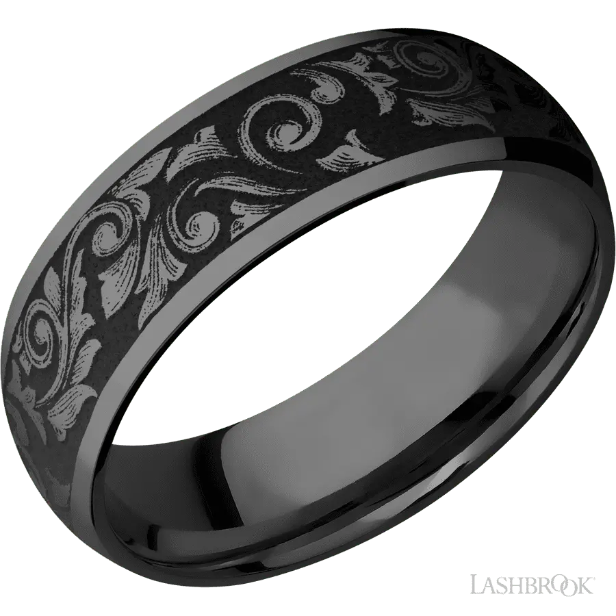 7 mm wide/Domed/Zirconium band with a laser carved Western Scroll pattern.