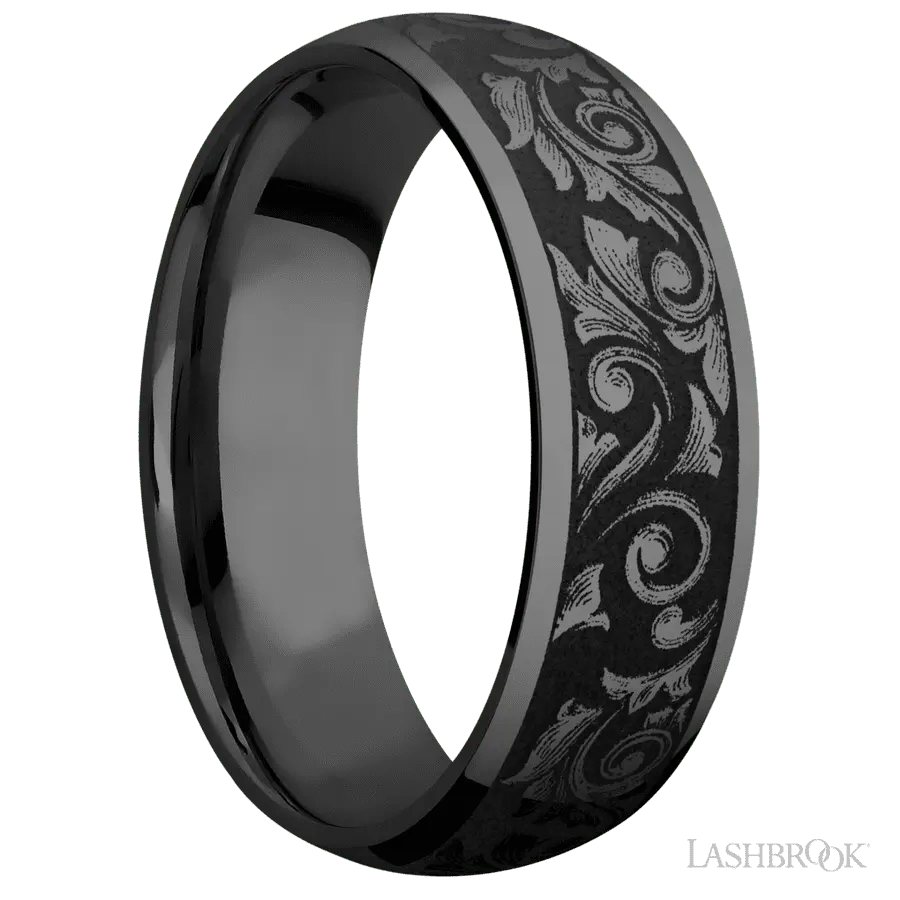 7 mm wide/Domed/Zirconium band with a laser carved Western Scroll pattern.