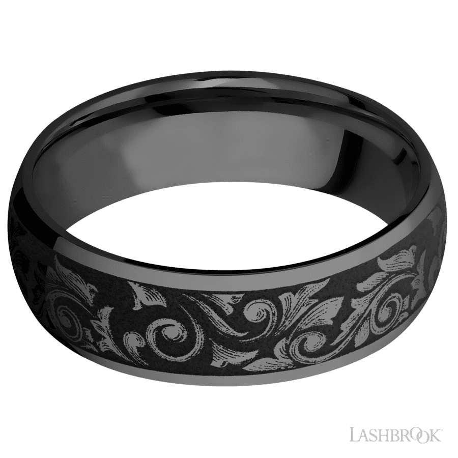 7 mm wide/Domed/Zirconium band with a laser carved Western Scroll pattern.