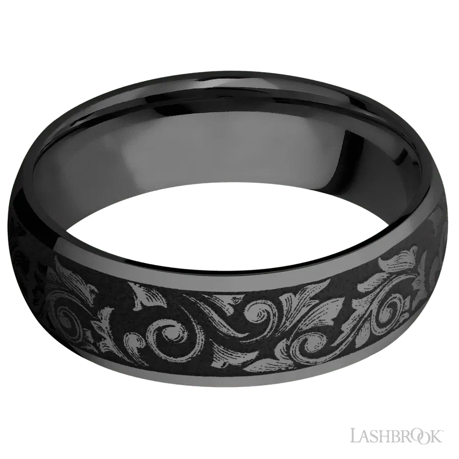 7 mm wide/Domed/Zirconium band with a laser carved Western Scroll pattern.