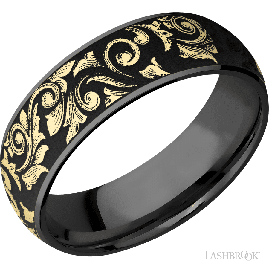 7 mm wide/Domed/Zirconium band with one 6 mm Centered inlay of 14K Yellow Gold with a laser carved Western Scroll pattern.