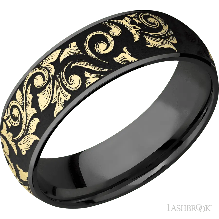 7 mm wide/Domed/Zirconium band with one 6 mm Centered inlay of 14K Yellow Gold with a laser carved Western Scroll pattern.