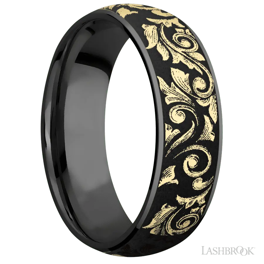 7 mm wide/Domed/Zirconium band with one 6 mm Centered inlay of 14K Yellow Gold with a laser carved Western Scroll pattern.