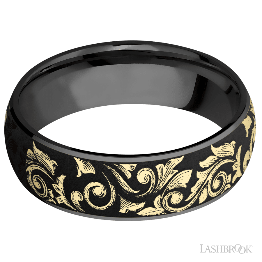 7 mm wide/Domed/Zirconium band with one 6 mm Centered inlay of 14K Yellow Gold with a laser carved Western Scroll pattern.