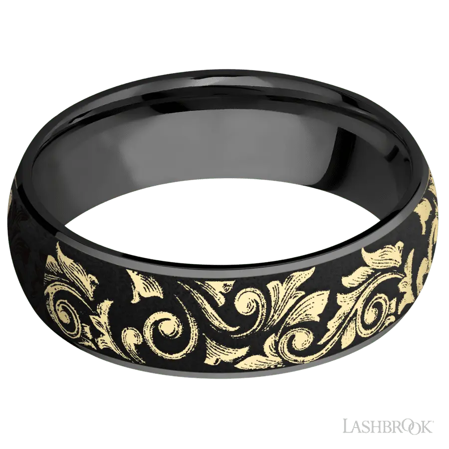 7 mm wide/Domed/Zirconium band with one 6 mm Centered inlay of 14K Yellow Gold with a laser carved Western Scroll pattern.