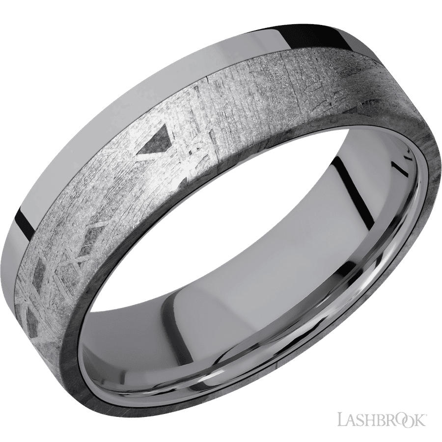7 mm wide/Flat/Tantalum band with one 5 mm Off Center Edge inlay of Meteorite.