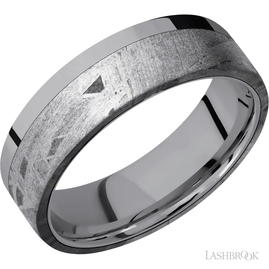 7 mm wide/Flat/Tantalum band with one 5 mm Off Center Edge inlay of Meteorite.