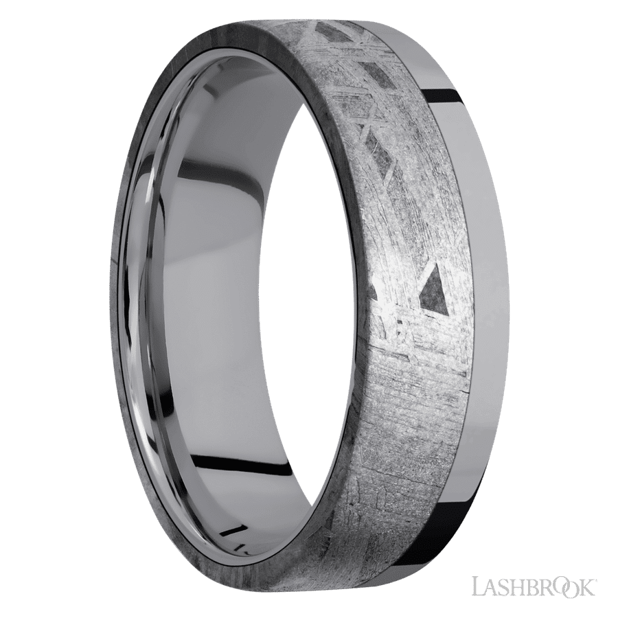 7 mm wide/Flat/Tantalum band with one 5 mm Off Center Edge inlay of Meteorite.