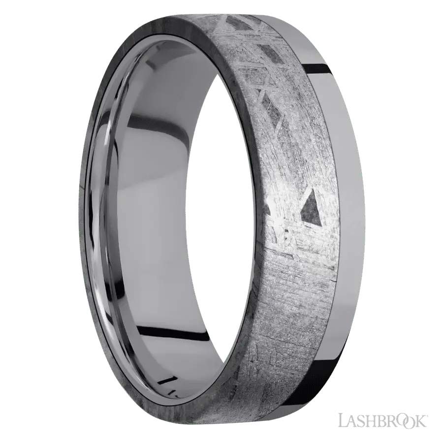7 mm wide/Flat/Tantalum band with one 5 mm Off Center Edge inlay of Meteorite.