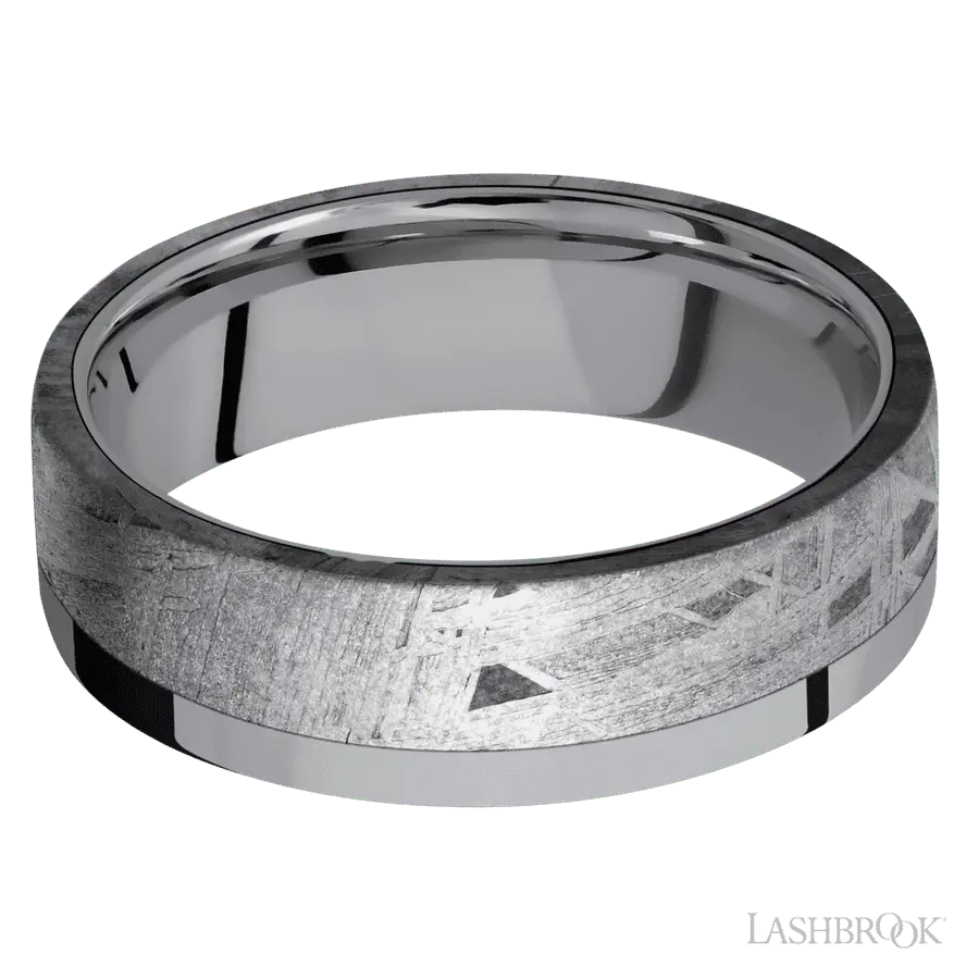 7 mm wide/Flat/Tantalum band with one 5 mm Off Center Edge inlay of Meteorite.