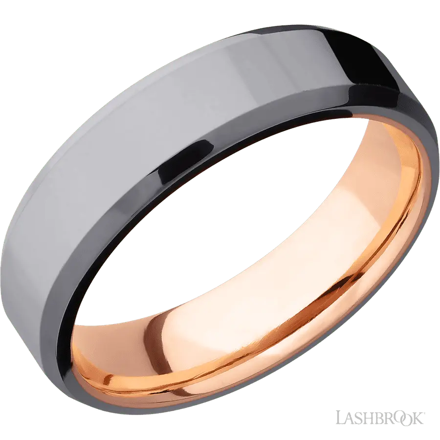 6 mm wide Beveled Tantalum band featuring a 14K Rose Gold sleeve.
