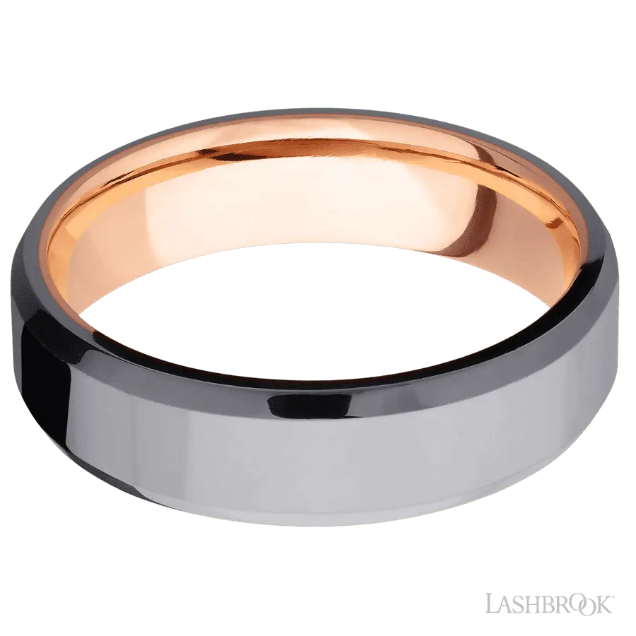 6 mm wide Beveled Tantalum band featuring a 14K Rose Gold sleeve. Lashbrook