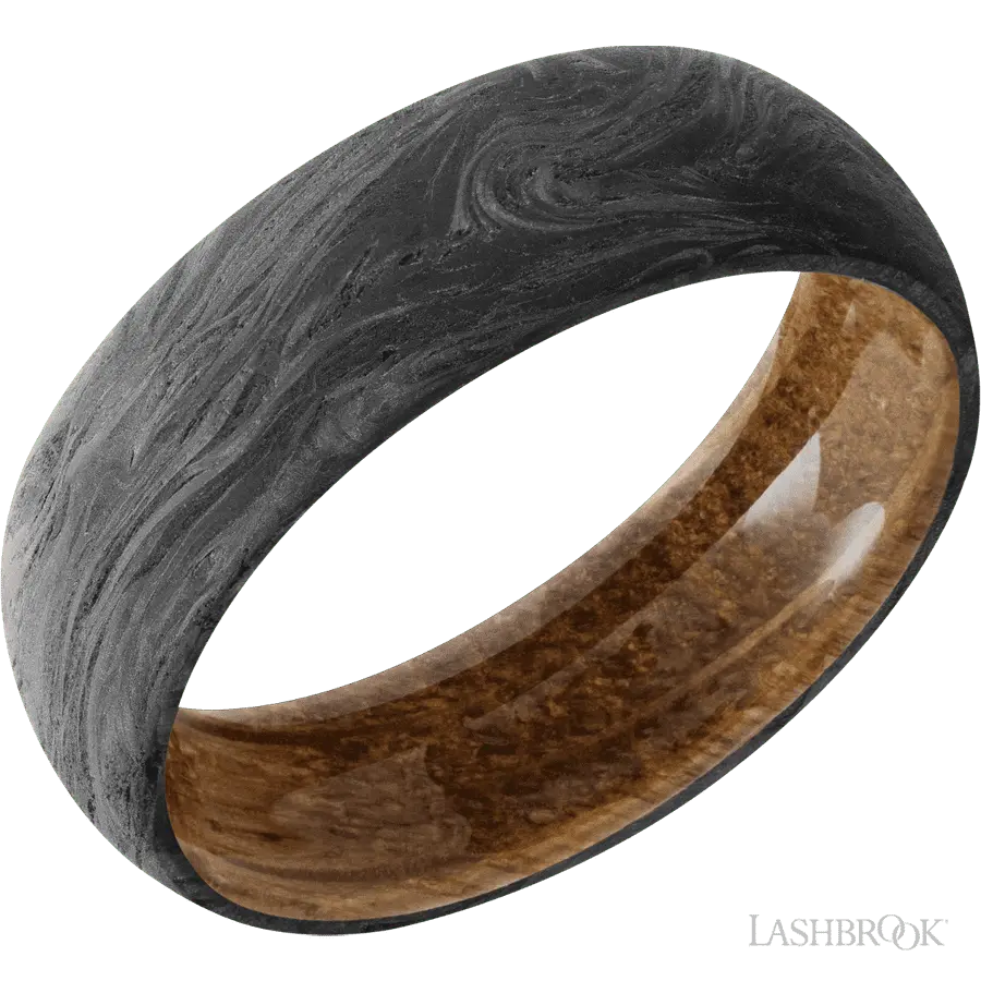 7 mm wide Domed Forged Carbon Fiber band featuring a Whiskey Barrel sleeve.