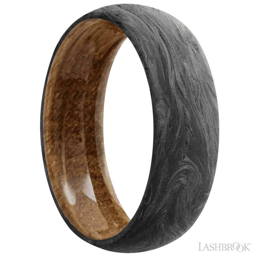 7 mm wide Domed Forged Carbon Fiber band featuring a Whiskey Barrel sleeve.