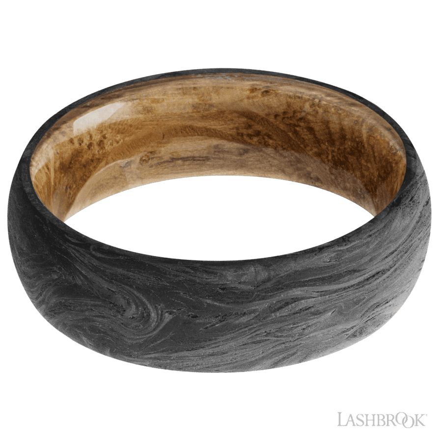 7 mm wide Domed Forged Carbon Fiber band featuring a Whiskey Barrel sleeve.