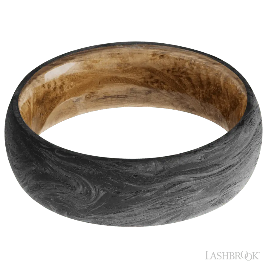 7 mm wide Domed Forged Carbon Fiber band featuring a Whiskey Barrel sleeve.
