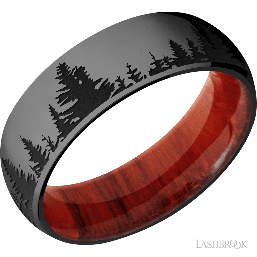 7 mm wide/Domed/Zirconium band with a laser carved Trees pattern also featuring a Padauk sleeve.
