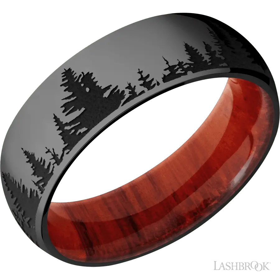 7 mm wide/Domed/Zirconium band with a laser carved Trees pattern also featuring a Padauk sleeve.