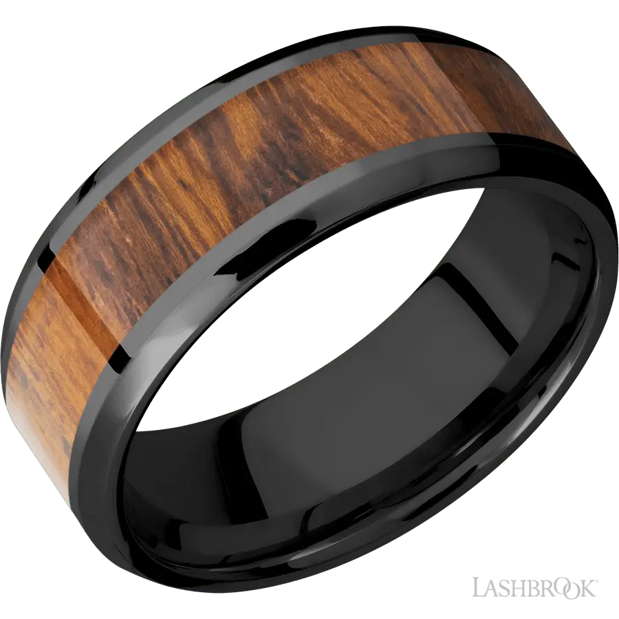 8 mm wide/Beveled/Zirconium band with one 5 mm Centered inlay of Desert Iron Wood.