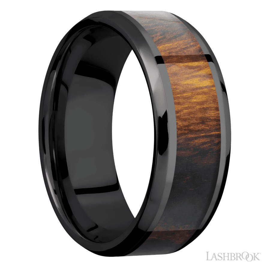 8 mm wide/Beveled/Zirconium band with one 5 mm Centered inlay of Desert Iron Wood.